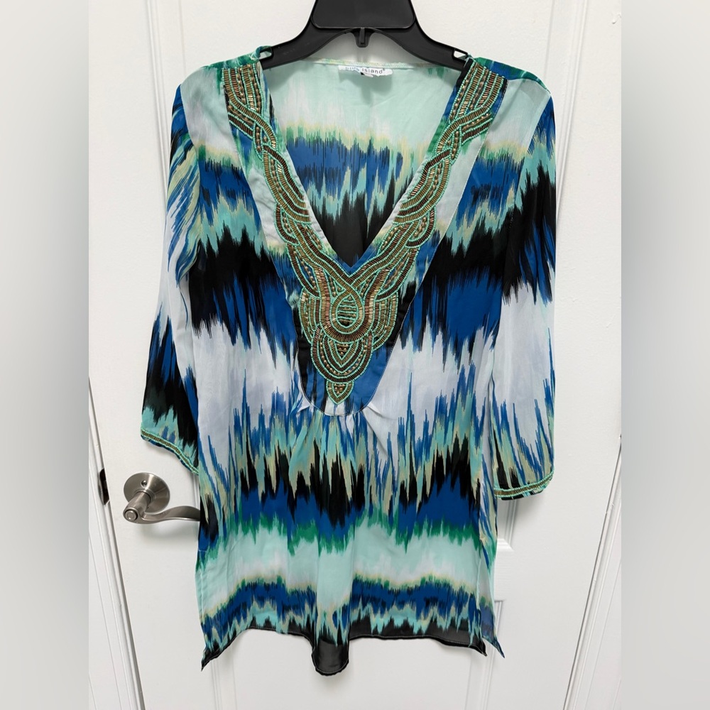 Blue Island Multicolor Swim Coverup, Metal & beaded accents, Size Medium, V-Neck